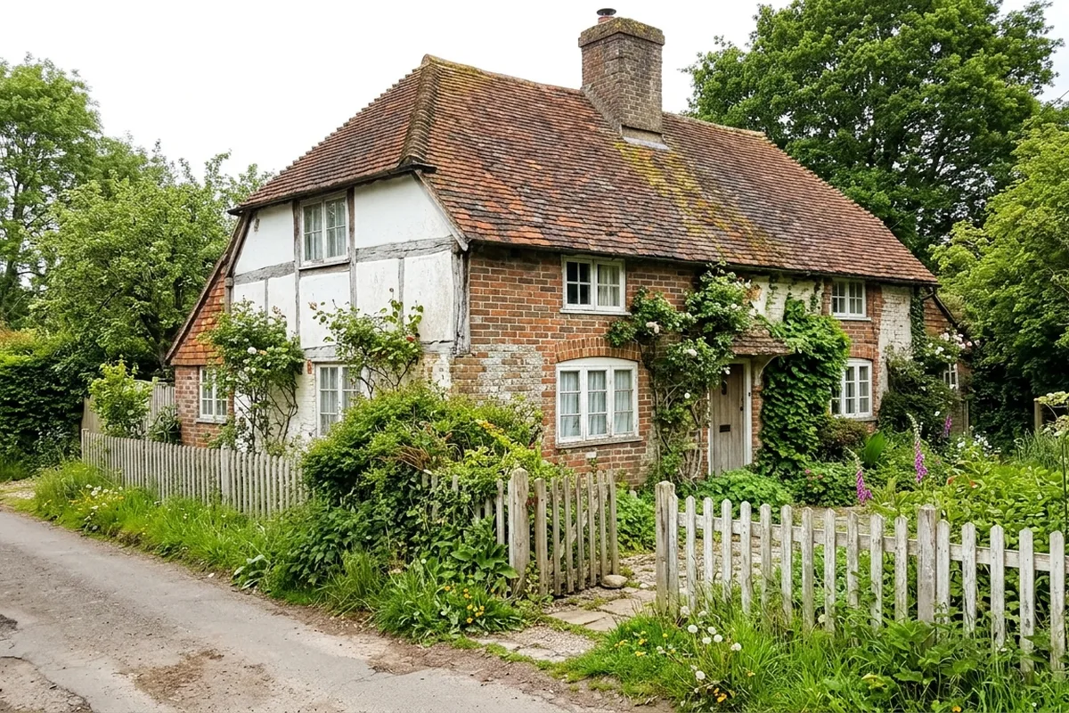 Old timber-framed and brick cottage with small white casement windows behind a picket fence, typical of the older houses around Brockham