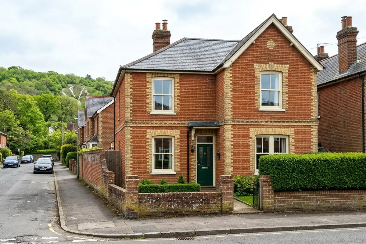 Victorian red brick villa with buff brick dressings and white sash windows, a wooded hill behind