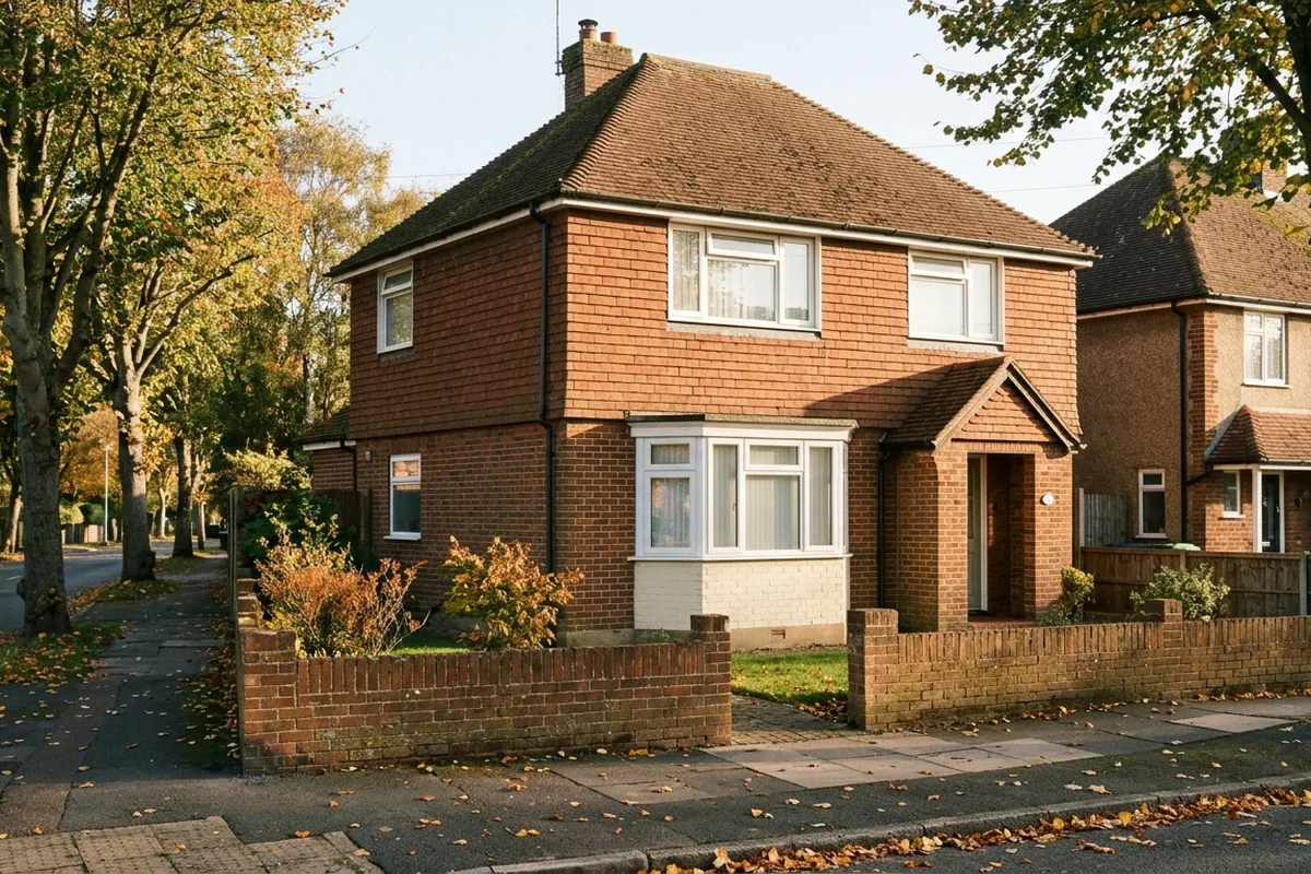 1930s-style detached house with tile-hung upper walls, white casement windows and a canted bay, typical of Deepdene