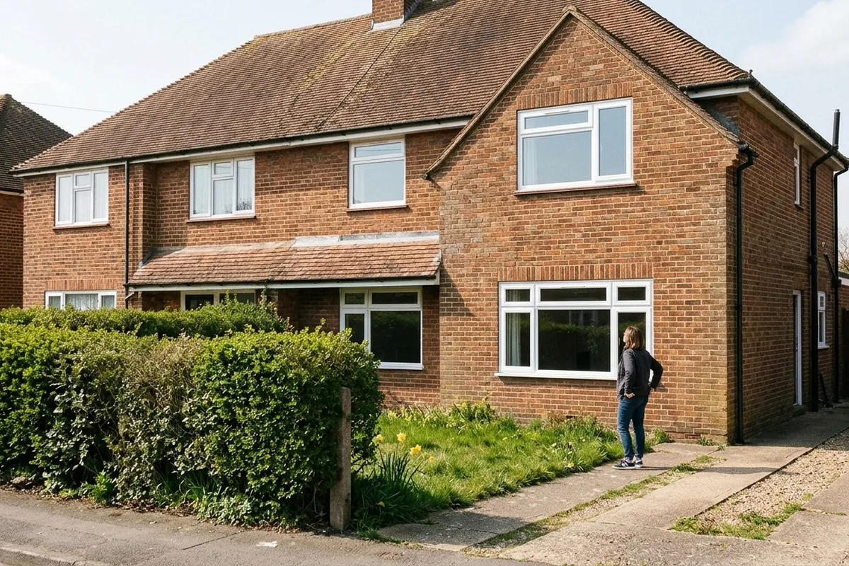 Interwar brick semi-detached house with new white casement windows, the homeowner standing on the path looking at them