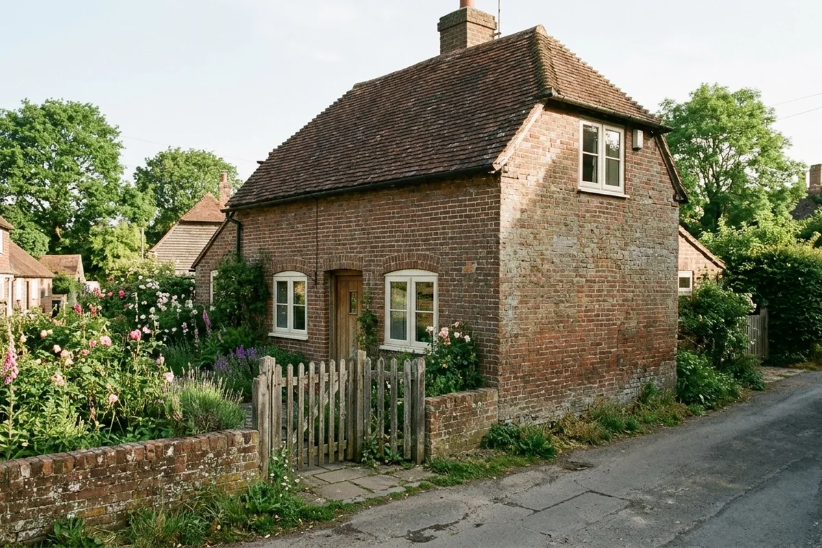 Small old brick cottage with white casement windows and a picket gate, typical of the older cottages in Westcott
