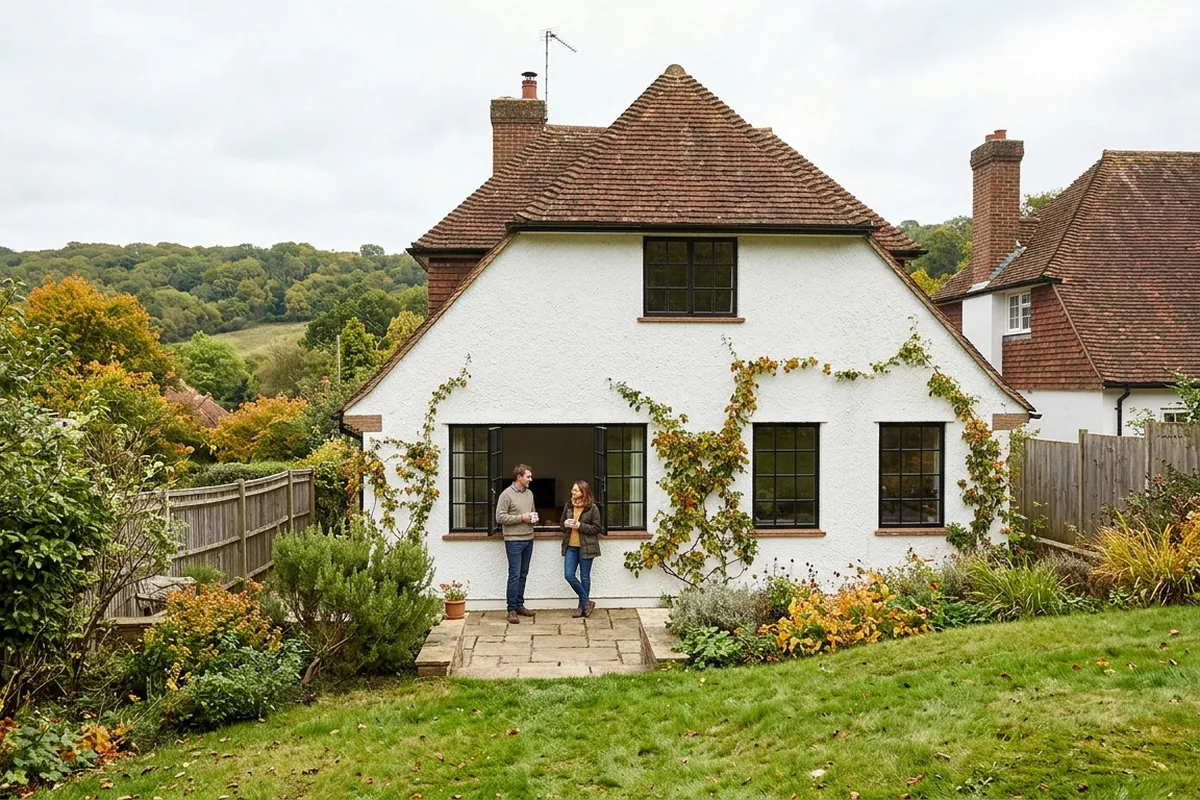 Couple talking on the terrace of a white-rendered 1930s house with black steel-look windows on the garden side