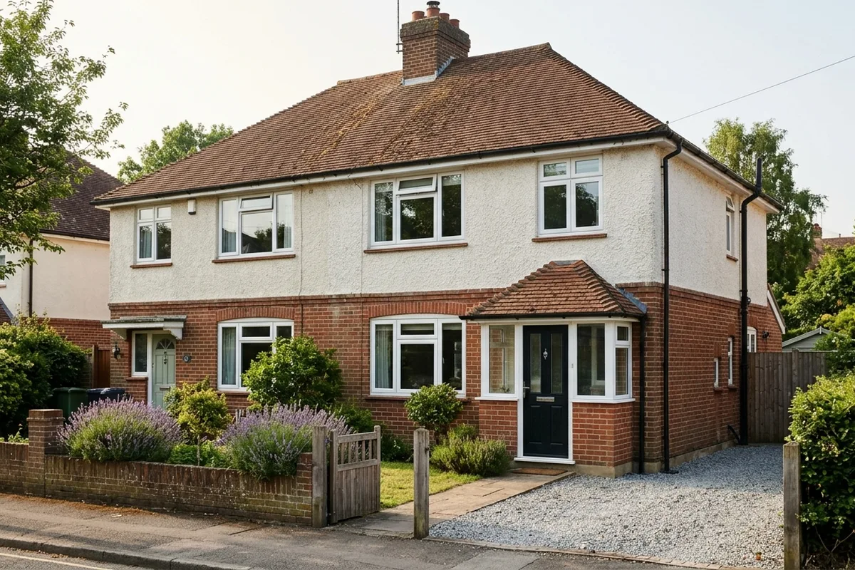 Interwar semi-detached house, rendered above and brick below, with white casement windows and a small bay porch